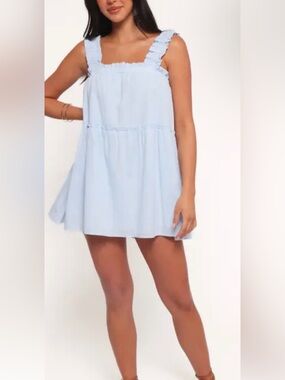 Petal & Pup Back to Campus Sky Blue Ruffled Strap Dress